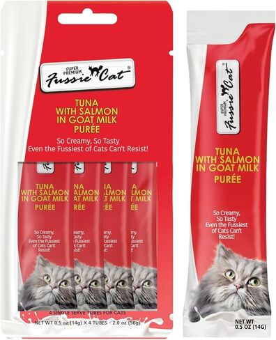 Fussie Cat Premium Puree Lickable Cat Treats in Goat Milk, Tuna Variety Flavor Pack, 3 Packs of 4-0.5oz Tubes,(12 Total Tubes) Variety Tuna Flavor Pack of 3 Flavors + Lid in Saudi Arabia