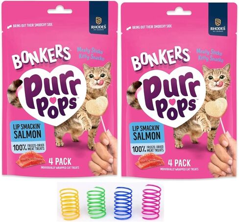 Bonkers Purrpops, Freeze Dried Salmon Flavored Lollipop Cat Treats, for All Breeds and Ages 8 Pieces (2 Packs) with Cat Spring Toys in Saudi Arabia