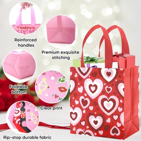 Tuzuaol 12Pcs Valentines Day Gift Bags with Handles Valentine's Tote Bags for Kids Valentine Party Favor, Gift Giving Goody Bags for Gift Wrapping in Saudi Arabia