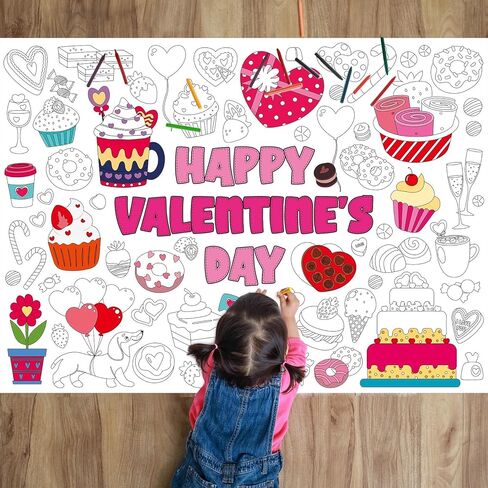 Valentine's Day Coloring Poster for Kids Giant Coloring Poster Large Valentines Sweet Treat Coloring Tablecloth Jumbo Coloring Books for Classroom Home Birthday Party Supplies Favor in Saudi Arabia