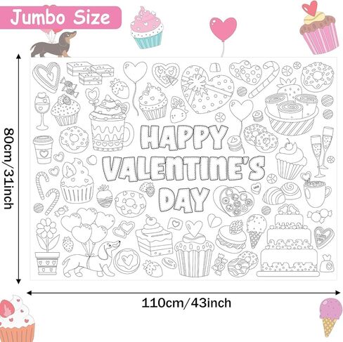 Valentine's Day Coloring Poster for Kids Giant Coloring Poster Large Valentines Sweet Treat Coloring Tablecloth Jumbo Coloring Books for Classroom Home Birthday Party Supplies Favor in Saudi Arabia