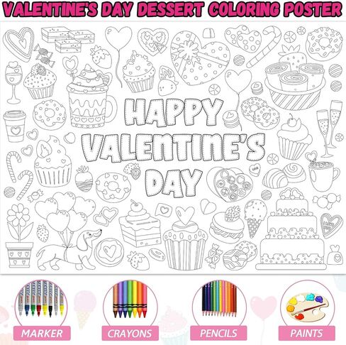 Valentine's Day Coloring Poster for Kids Giant Coloring Poster Large Valentines Sweet Treat Coloring Tablecloth Jumbo Coloring Books for Classroom Home Birthday Party Supplies Favor in Saudi Arabia