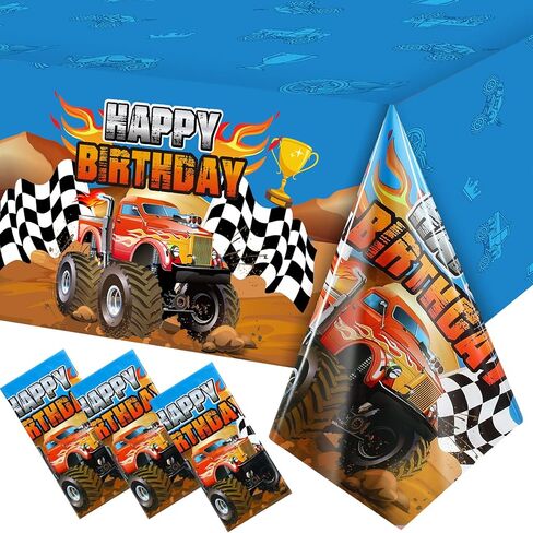 Tatuo Monster Truck Tablecloth Happy Birthday Monster Machines Jam Party Table Cover Truck Table Cover Checkered Flag Backdrop for Birthday Party Decorations Supplies(3 Pieces) in Saudi Arabia