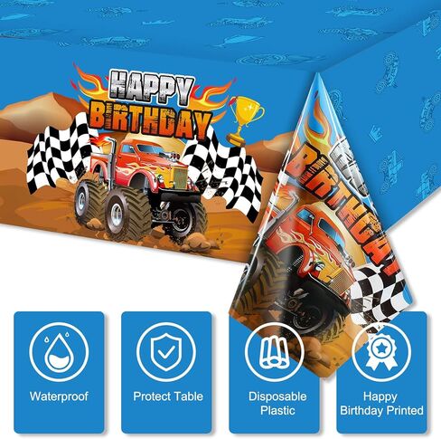 Tatuo Monster Truck Tablecloth Happy Birthday Monster Machines Jam Party Table Cover Truck Table Cover Checkered Flag Backdrop for Birthday Party Decorations Supplies(3 Pieces) in Saudi Arabia