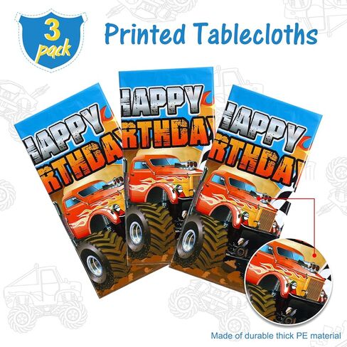 Tatuo Monster Truck Tablecloth Happy Birthday Monster Machines Jam Party Table Cover Truck Table Cover Checkered Flag Backdrop for Birthday Party Decorations Supplies(3 Pieces) in Saudi Arabia