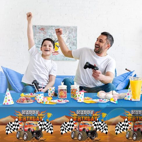 Tatuo Monster Truck Tablecloth Happy Birthday Monster Machines Jam Party Table Cover Truck Table Cover Checkered Flag Backdrop for Birthday Party Decorations Supplies(3 Pieces) in Saudi Arabia