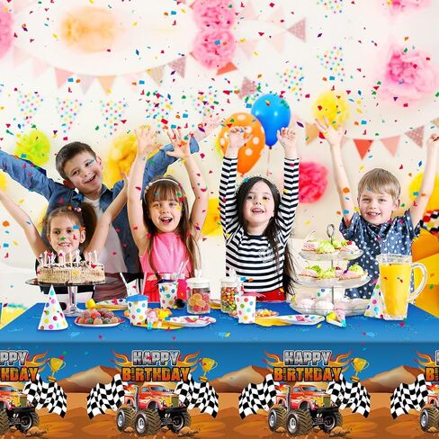 Tatuo Monster Truck Tablecloth Happy Birthday Monster Machines Jam Party Table Cover Truck Table Cover Checkered Flag Backdrop for Birthday Party Decorations Supplies(3 Pieces) in Saudi Arabia
