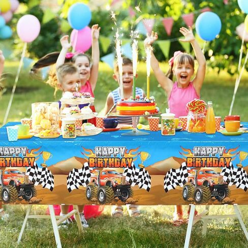 Tatuo Monster Truck Tablecloth Happy Birthday Monster Machines Jam Party Table Cover Truck Table Cover Checkered Flag Backdrop for Birthday Party Decorations Supplies(3 Pieces) in Saudi Arabia