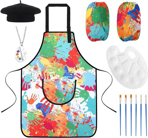 Artist Costume for Kids, Painter Dress Up Set with Colorful Artist Apron and Sleeves, Palette, Brush, Necklace, and Black Hat, Kids Painter Costume Accessories for Boys and Girls in Saudi Arabia