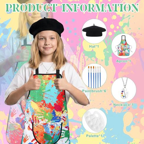 Artist Costume for Kids, Painter Dress Up Set with Colorful Artist Apron and Sleeves, Palette, Brush, Necklace, and Black Hat, Kids Painter Costume Accessories for Boys and Girls in Saudi Arabia