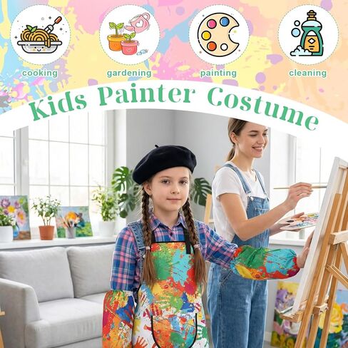 Artist Costume for Kids, Painter Dress Up Set with Colorful Artist Apron and Sleeves, Palette, Brush, Necklace, and Black Hat, Kids Painter Costume Accessories for Boys and Girls in Saudi Arabia
