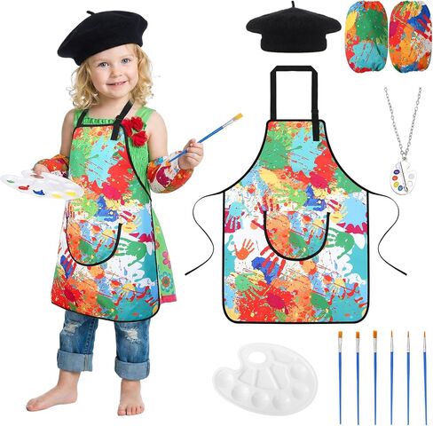 Artist Costume for Kids, Painter Dress Up Set with Colorful Artist Apron and Sleeves, Palette, Brush, Necklace, and Black Hat, Kids Painter Costume Accessories for Boys and Girls in Saudi Arabia