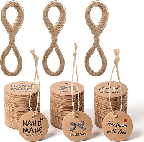 XLIUAX 300Pcs Handmade with Love Tags, Brown Paper Handmade Tags with 197ft Twine String, 1.2" Round Paper Gift Labels for Personalized Crafts Candle Tins Wedding Birthday Party Favors in Saudi Arabia