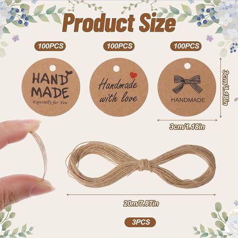 XLIUAX 300Pcs Handmade with Love Tags, Brown Paper Handmade Tags with 197ft Twine String, 1.2" Round Paper Gift Labels for Personalized Crafts Candle Tins Wedding Birthday Party Favors in Saudi Arabia
