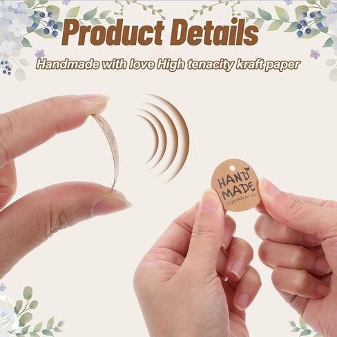 XLIUAX 300Pcs Handmade with Love Tags, Brown Paper Handmade Tags with 197ft Twine String, 1.2" Round Paper Gift Labels for Personalized Crafts Candle Tins Wedding Birthday Party Favors in Saudi Arabia