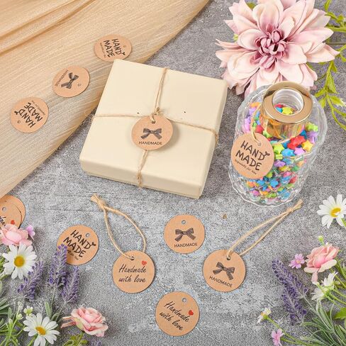 XLIUAX 300Pcs Handmade with Love Tags, Brown Paper Handmade Tags with 197ft Twine String, 1.2" Round Paper Gift Labels for Personalized Crafts Candle Tins Wedding Birthday Party Favors in Saudi Arabia