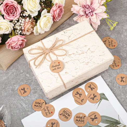 XLIUAX 300Pcs Handmade with Love Tags, Brown Paper Handmade Tags with 197ft Twine String, 1.2" Round Paper Gift Labels for Personalized Crafts Candle Tins Wedding Birthday Party Favors in Saudi Arabia