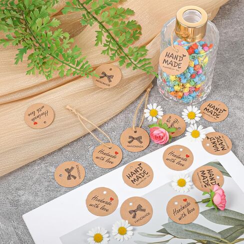 XLIUAX 300Pcs Handmade with Love Tags, Brown Paper Handmade Tags with 197ft Twine String, 1.2" Round Paper Gift Labels for Personalized Crafts Candle Tins Wedding Birthday Party Favors in Saudi Arabia