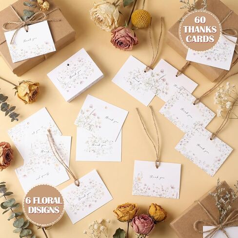 Eaasty 60 Pack Floral Thank You Gift Tags with 60 Twine Strings, 2 x 3 in Watercolor Wild Floral Flower Paper Tags in 6 Designs for Weddings, Bridal & Baby Showers, Birthday Party Favors DIY Crafts in Saudi Arabia