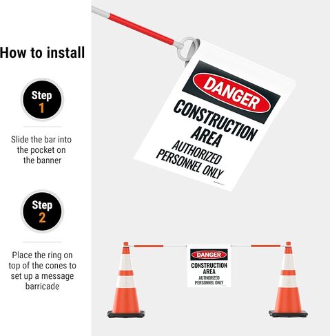 Danger Construction Area Authorized Personnel Only Cone Bar Sign with Bar, 18x18 Banner with Bar, Fade Resistant, Made in USA by Sigo Signs in Saudi Arabia