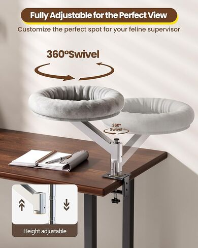 tomxcute Cat Desk Bed - Integrated Die-Cast Arm for Stability - 360° Rotation & Height Adjustable - 45 lbs Support - Cat Desk Perch for S/M/L Cat - Removable Washable Office Cat Bed with Wooden Base in Kuwait