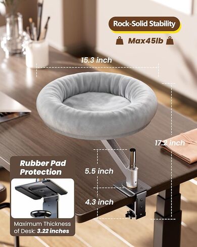 tomxcute Cat Desk Bed - Integrated Die-Cast Arm for Stability - 360° Rotation & Height Adjustable - 45 lbs Support - Cat Desk Perch for S/M/L Cat - Removable Washable Office Cat Bed with Wooden Base in Kuwait