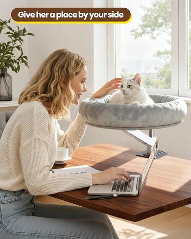 tomxcute Cat Desk Bed - Integrated Die-Cast Arm for Stability - 360° Rotation & Height Adjustable - 45 lbs Support - Cat Desk Perch for S/M/L Cat - Removable Washable Office Cat Bed with Wooden Base in Kuwait
