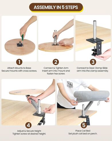 tomxcute Cat Desk Bed - Integrated Die-Cast Arm for Stability - 360° Rotation & Height Adjustable - 45 lbs Support - Cat Desk Perch for S/M/L Cat - Removable Washable Office Cat Bed with Wooden Base in Kuwait