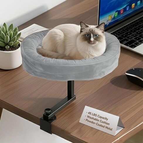 Up to 45LBS Cat Desk Bed - 360° Rotation & Adjustable Height, Pet Perch for Desks with Washable Cushion, Desk Cat Bed Attachment for Various Tables (Wood_Brown Cushion) in Saudi Arabia