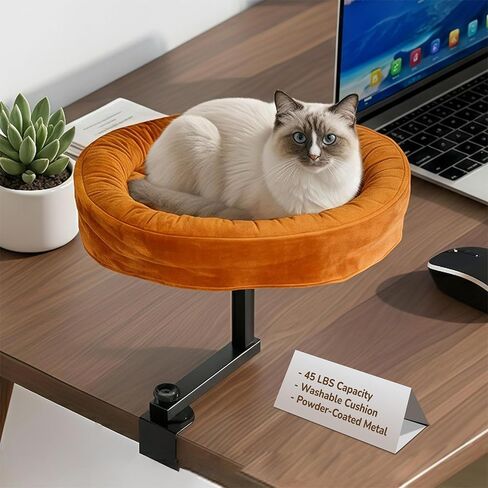 Up to 45LBS Cat Desk Bed - 360° Rotation & Adjustable Height, Pet Perch for Desks with Washable Cushion, Desk Cat Bed Attachment for Various Tables (Wood_Brown Cushion) in Saudi Arabia