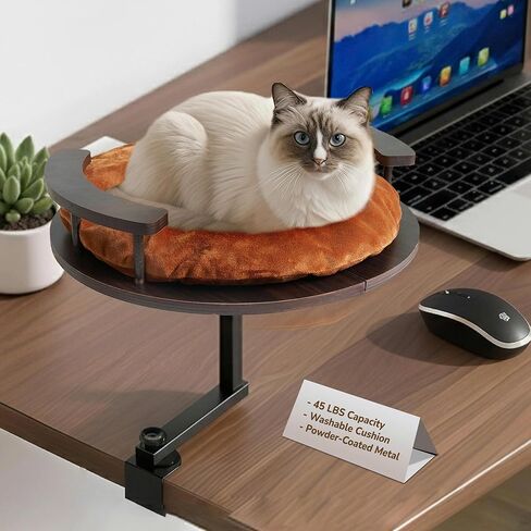 Up to 45LBS Cat Desk Bed - 360° Rotation & Adjustable Height, Pet Perch for Desks with Washable Cushion, Desk Cat Bed Attachment for Various Tables (Wood_Brown Cushion) in Saudi Arabia