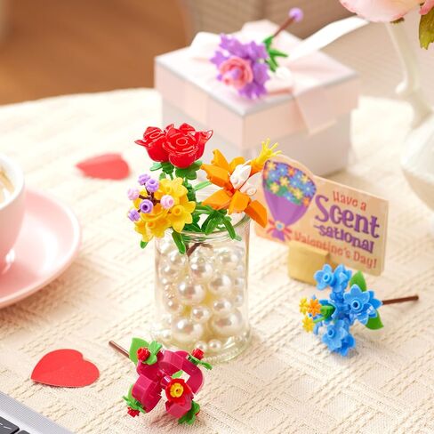 JOYIN 24 قطعة من مكعبات بناء باقة زهور عيد الحب مع البطاقات، 6 تصميمات مكعبات الزهور مع 6 علامات مطابقة، هدايا عيد الحب للأطفال في المدرسة والفصول الدراسية وجائزة تبادل الحفلات in Saudi Arabia