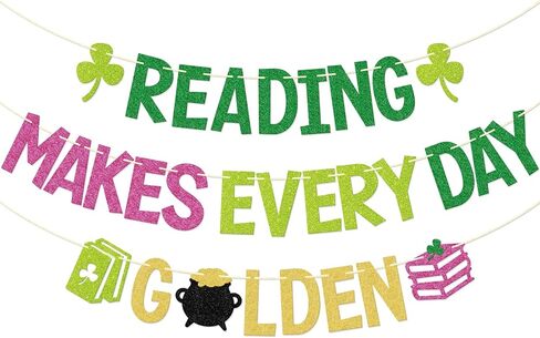 لافتة مكتبة عيد القديس باتريك - ديكور الفصل الدراسي لقراءة شهر مارس - ديكورات لوحة إعلانات عيد القديس باتريك - القراءة تجعل كل يوم لافتة ذهبية (مربوطة مسبقًا) in Kuwait