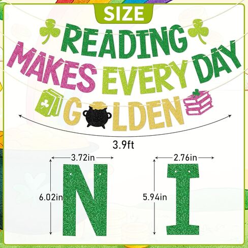 لافتة مكتبة عيد القديس باتريك - ديكور الفصل الدراسي لقراءة شهر مارس - ديكورات لوحة إعلانات عيد القديس باتريك - القراءة تجعل كل يوم لافتة ذهبية (مربوطة مسبقًا) in Kuwait