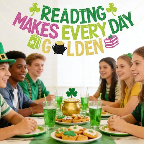 لافتة مكتبة عيد القديس باتريك - ديكور الفصل الدراسي لقراءة شهر مارس - ديكورات لوحة إعلانات عيد القديس باتريك - القراءة تجعل كل يوم لافتة ذهبية (مربوطة مسبقًا) in Kuwait