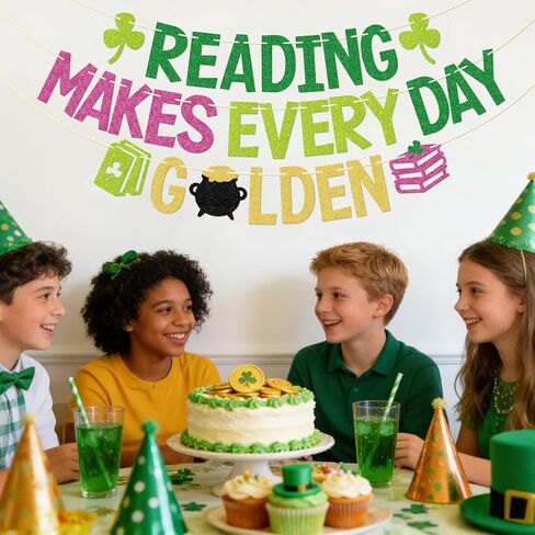 لافتة مكتبة عيد القديس باتريك - ديكور الفصل الدراسي لقراءة شهر مارس - ديكورات لوحة إعلانات عيد القديس باتريك - القراءة تجعل كل يوم لافتة ذهبية (مربوطة مسبقًا) in Kuwait