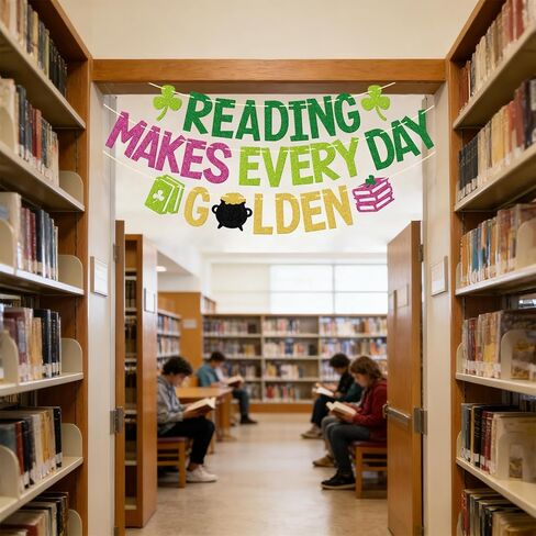 لافتة مكتبة عيد القديس باتريك - ديكور الفصل الدراسي لقراءة شهر مارس - ديكورات لوحة إعلانات عيد القديس باتريك - القراءة تجعل كل يوم لافتة ذهبية (مربوطة مسبقًا) in Kuwait