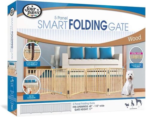 Four Paws Smart Folding Free Standing 5-Panel Wood Dog Gate, 48"-110" W by 17" H in Saudi Arabia