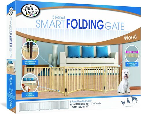Four Paws Smart Folding Free Standing 5-Panel Wood Dog Gate, 48"-110" W by 17" H in Saudi Arabia