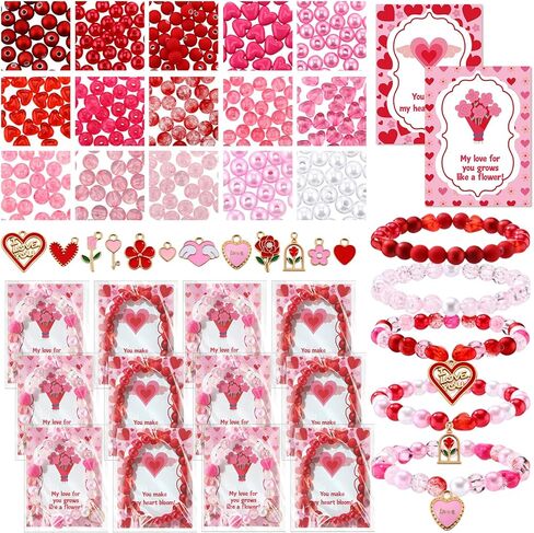 Chunful 757 Pcs DIY Valentines Day Beads for Bracelet Necklace Gifts Jewelry Making Kit Heart Rose Flower Pink Red Acrylic Bead Charm with Greeting Cards Gift for Women Friend Galentine Party Favors in Saudi Arabia