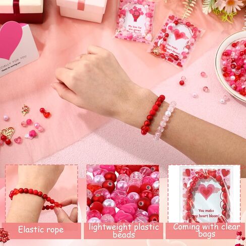 Chunful 757 Pcs DIY Valentines Day Beads for Bracelet Necklace Gifts Jewelry Making Kit Heart Rose Flower Pink Red Acrylic Bead Charm with Greeting Cards Gift for Women Friend Galentine Party Favors in Saudi Arabia
