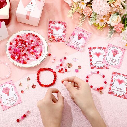 Chunful 757 Pcs DIY Valentines Day Beads for Bracelet Necklace Gifts Jewelry Making Kit Heart Rose Flower Pink Red Acrylic Bead Charm with Greeting Cards Gift for Women Friend Galentine Party Favors in Saudi Arabia