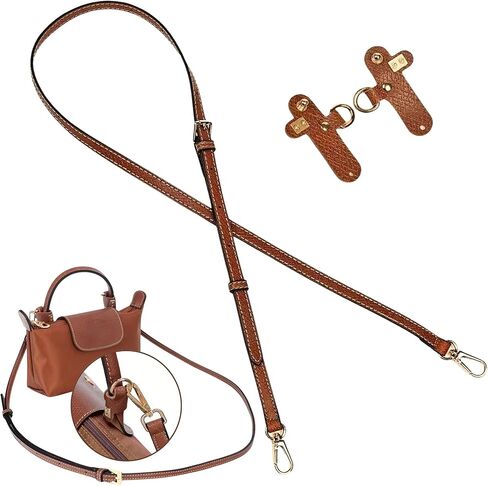 حزام جلدي لحقيبة Longchamp الصغيرة، مجموعة حزام محفظة كتف وحقيبة كروس قابلة للتعديل خالية من اللكمات للحقيبة الصغيرة، بديل حزام الحقيبة للنساء (بني وذهبي) in Saudi Arabia