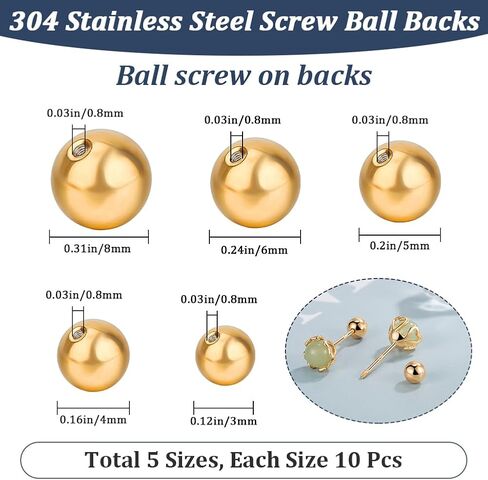 Beebeecraft 1 Box 50Pcs Golden Earring Backs 304 Stainless Steel Round Screw Ball Backs Stoppers Post Studs for Jewelry Making Earring Piercing Supplies Findings 3/4/5/6/8mm in Saudi Arabia