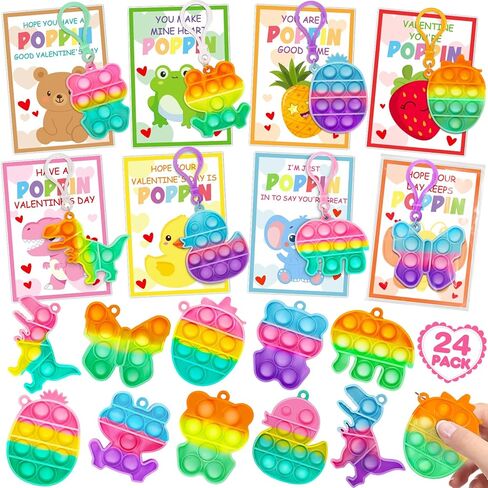 Jumlys Valentines Day Cards for Kids School, 24 Pack Pop Fidget Keychains Bulk, Valentine Day Party Favors for Boys Girls, Ideal Exchange Cards for Classroom in Saudi Arabia