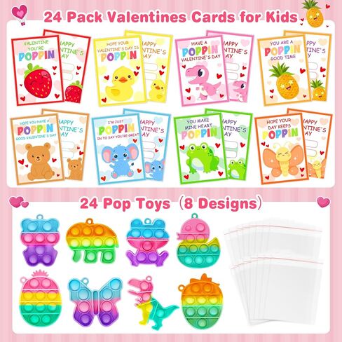 Jumlys Valentines Day Cards for Kids School, 24 Pack Pop Fidget Keychains Bulk, Valentine Day Party Favors for Boys Girls, Ideal Exchange Cards for Classroom in Saudi Arabia