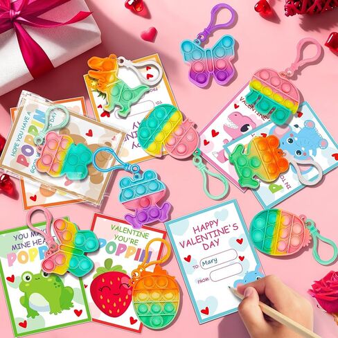 Jumlys Valentines Day Cards for Kids School, 24 Pack Pop Fidget Keychains Bulk, Valentine Day Party Favors for Boys Girls, Ideal Exchange Cards for Classroom in Saudi Arabia
