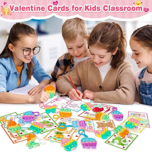 Jumlys Valentines Day Cards for Kids School, 24 Pack Pop Fidget Keychains Bulk, Valentine Day Party Favors for Boys Girls, Ideal Exchange Cards for Classroom in Saudi Arabia