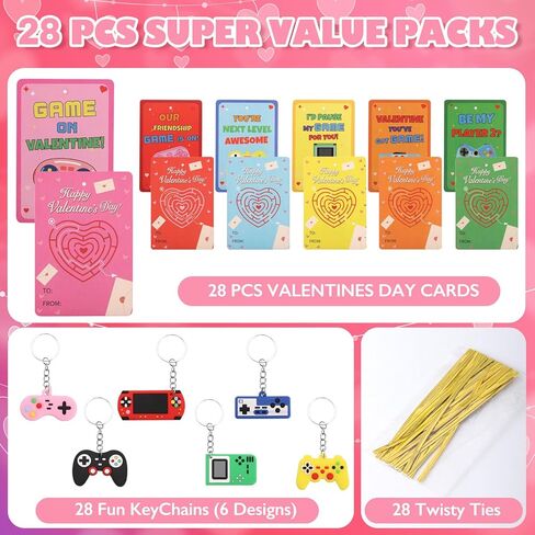 Valentines Day Cards for Kids School, 28 Pcs Video Game Keychains, Valentines Day Gifts for Kids Party Favors, Class Valentines Prizes Treasure Box Gifts Must Haves Treat Goodie Bag Stuffers in Saudi Arabia