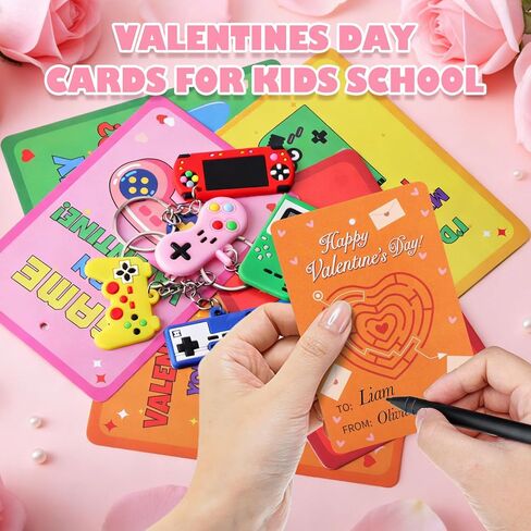 Valentines Day Cards for Kids School, 28 Pcs Video Game Keychains, Valentines Day Gifts for Kids Party Favors, Class Valentines Prizes Treasure Box Gifts Must Haves Treat Goodie Bag Stuffers in Saudi Arabia